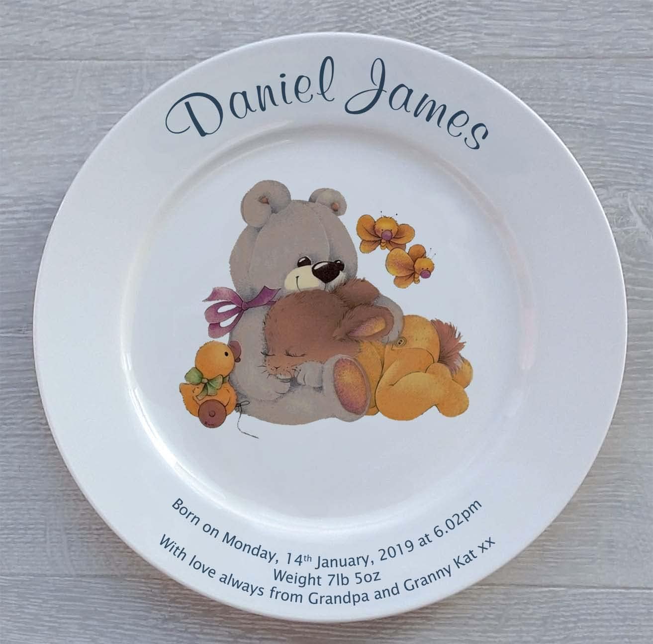 Personalized Birth Plate with 2 Gold Bands - Yellow Sleepytime Design