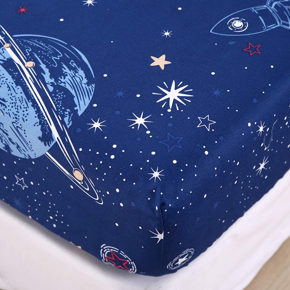 Kids Galaxy Fitted Sheet Boys Girls Outer Space Universe Planet Bed Sheet Set King Size for Children Bedroom Ultra Soft Space Rocket Starry Sky Bedding Set Blue Stars Bed Cover with 2 Pillow Case