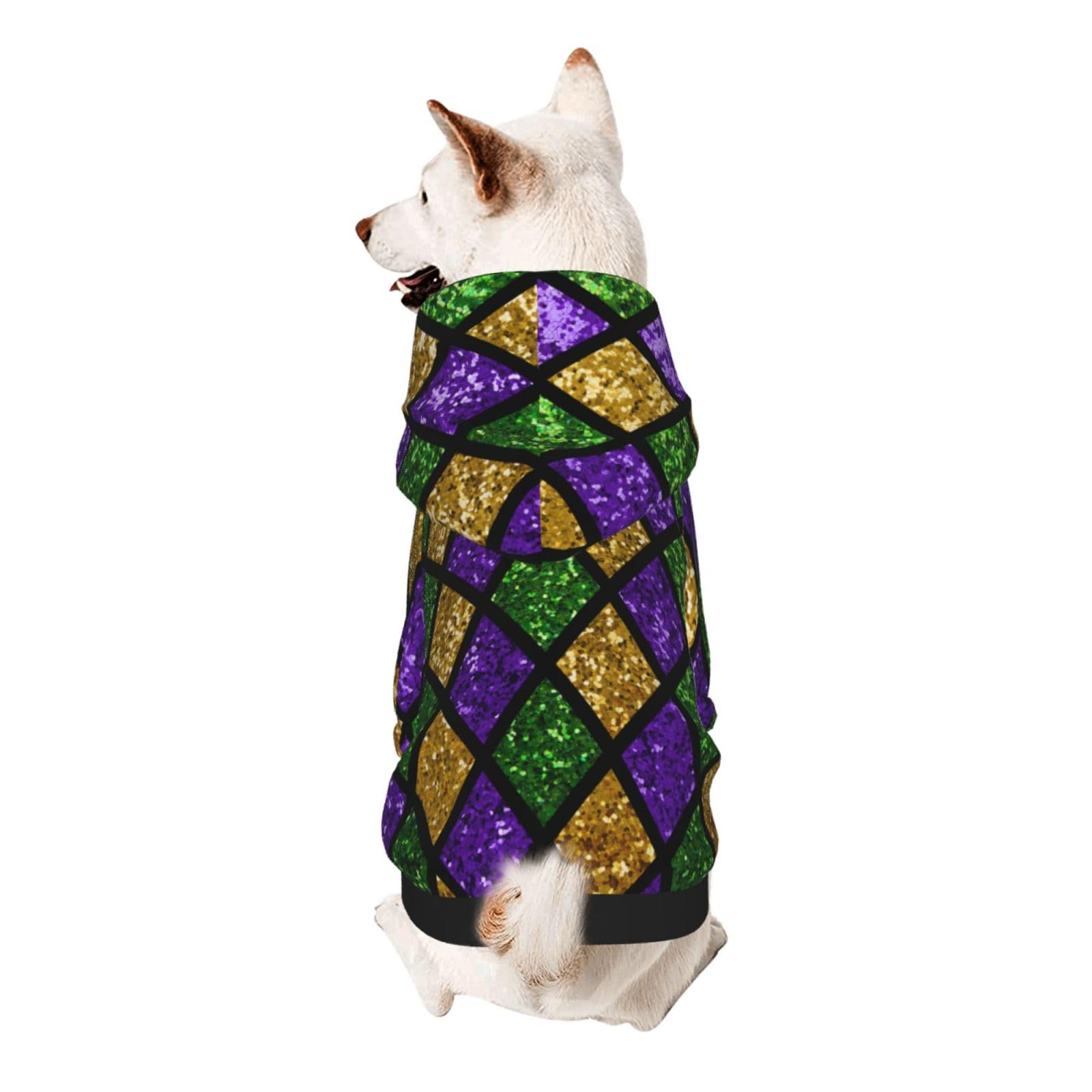 Winter Dog Hoodie Sweatshirts Warm Dog Clothes for Small Dogs Coat Clothing Puppy Cat Custume (Green Purple Gold Glitter Pattern Mardi Gras)