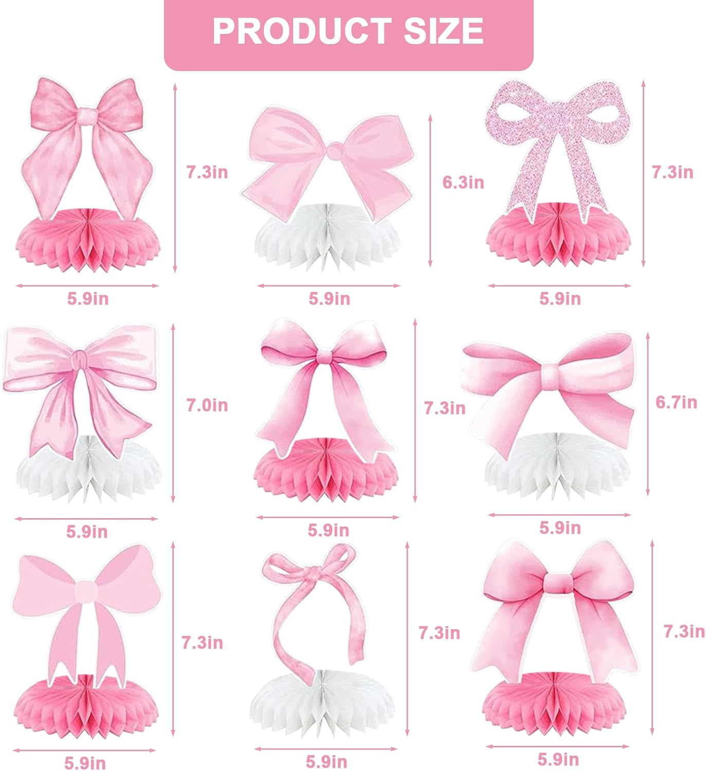 9 PCS Pink Bow Theme Honeycomb Centerpieces Decorations, Party Table Topper Decor for Girls Theme Birthday Baby Shower Wedding Party (Princess Theme)