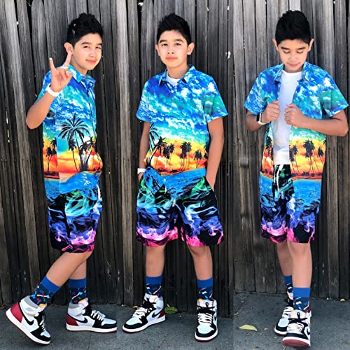 Image of uideazone Boys Hawaiian Shirts Novelty Printed Funky Short Sleeve Button Down Shirt Kids Aloha Luau Shirt 7-14T