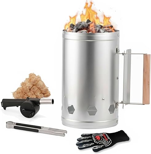 WILLBBQ Arrancador de chimenea de carbón, resistente para parrillas de carbón, accesorio de barbacoa con mango de madera resistente al calor para