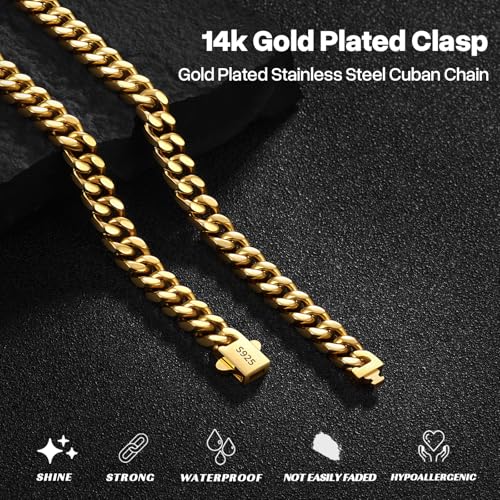 Eterjew 14k Gold Plated Chain Necklace for Men, Men's Gold Plated Necklace Clasp with 7mm Stainless Steel Miami Cuban Chain Chain, Chains for Men Necklaces 22 inches — view 3