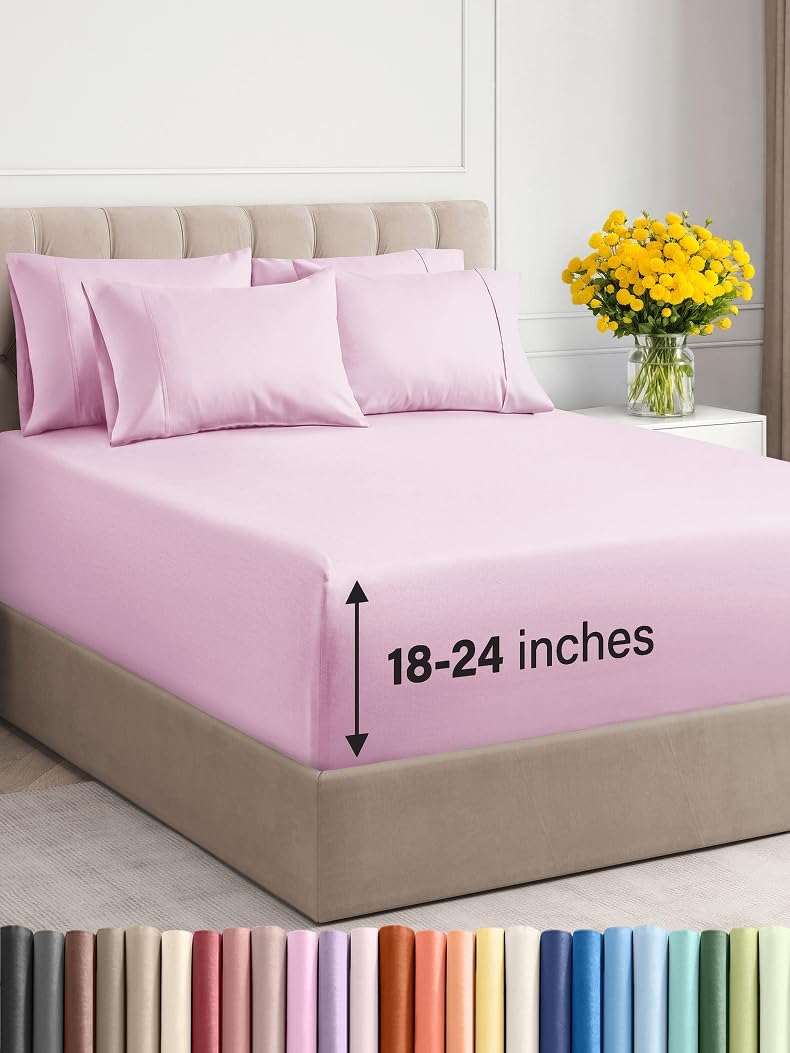 Extra Deep Queen Sheet Set - 6 Piece Breathable & Cooling Sheets - Hotel Luxury Bed Sheets Set - Easy & Secure Fit - Soft, Wrinkle Free & Comfy Sheets Set - Light Pink Sheet Set w/Extra Deep Pockets Queen 34 - Light Pink