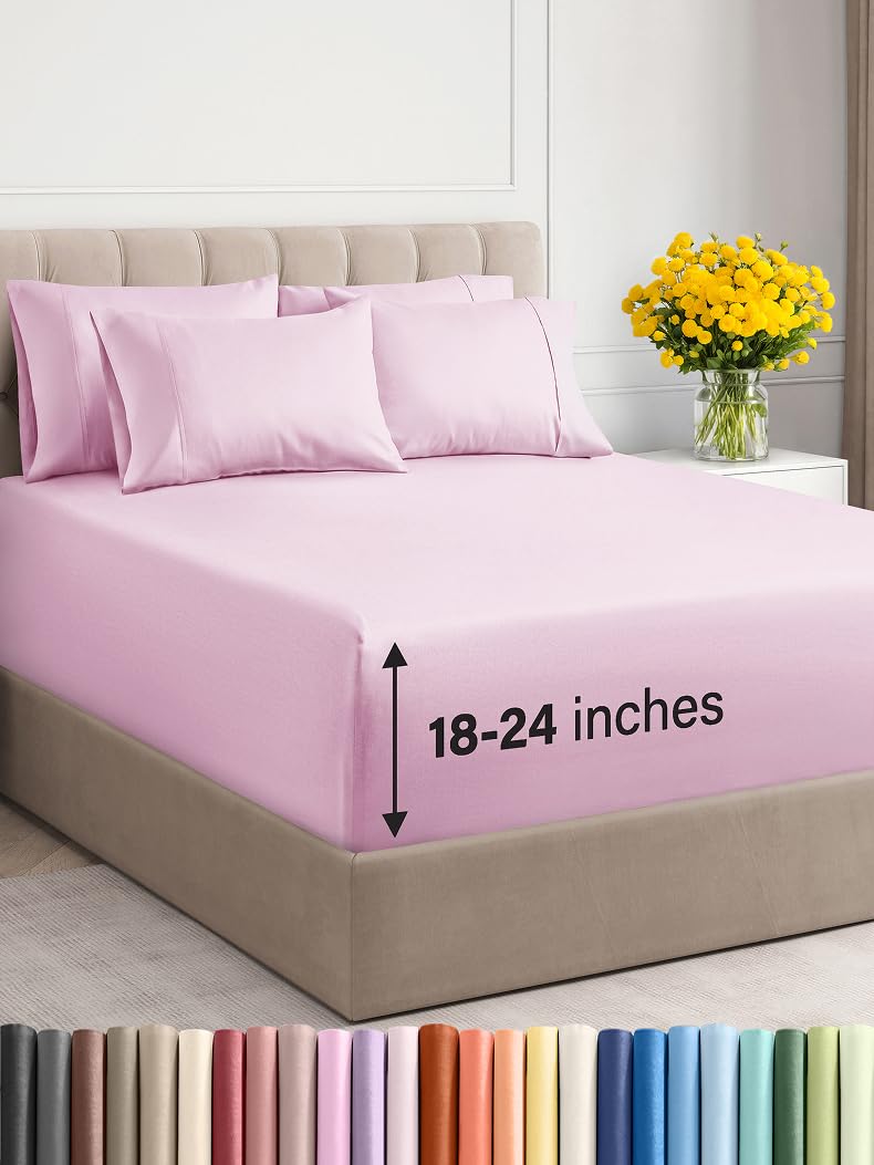 Extra Deep Queen Sheet Set - 6 Piece Breathable & Cooling Sheets - Hotel Luxury Bed Sheets Set - Easy & Secure Fit - Soft, Wrinkle Free & Comfy Sheets Set - Light Pink Sheet Set w/Extra Deep Pockets