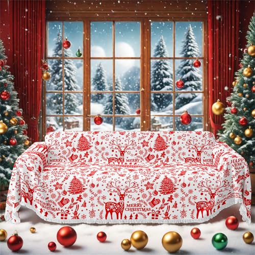 Highdi Funda de Sofá Patrón Renos Navideños, Manta Cubre Sofa Multiusos para 1 2 3 4 Plazas, Mantas Foulard Cómoda Cubrecama Protector Sofa Universal para Arañazo (Rojo 1,180x340cm)