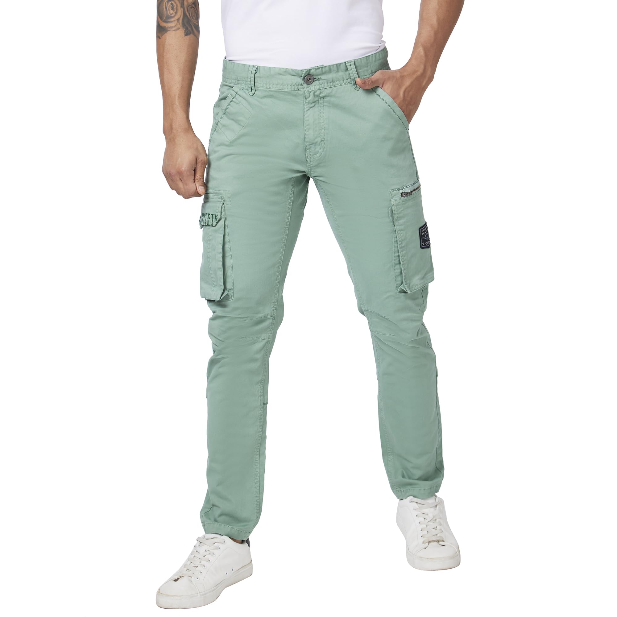 spykar Men Olive Green Cotton Slim Fit Ankle Length Mid Rise Trousers-picture-11