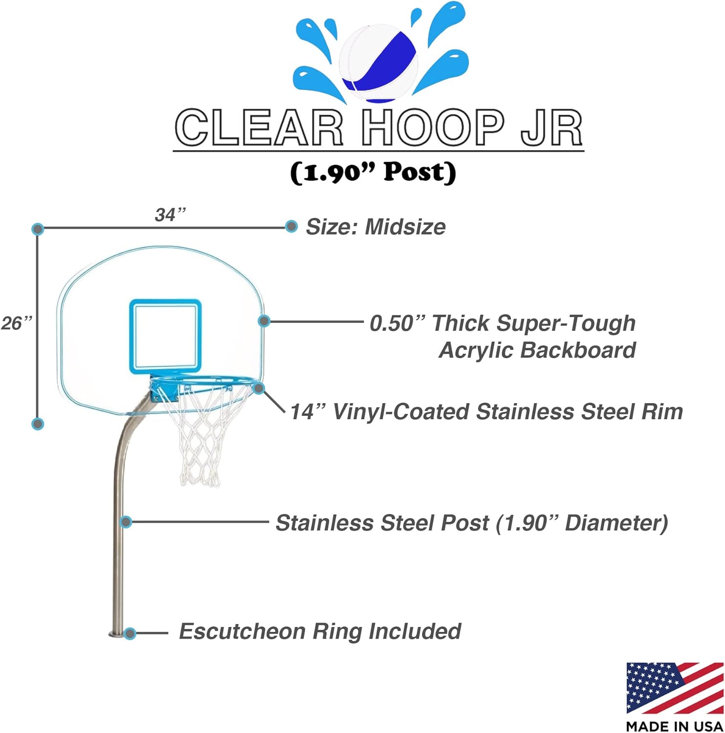 Dunn-Rite Clear Hoop Jr. 1.90 Poolside Deck-Mounted Basketball Hoop w/Ball & 14 Inch Stainless Steel Rim