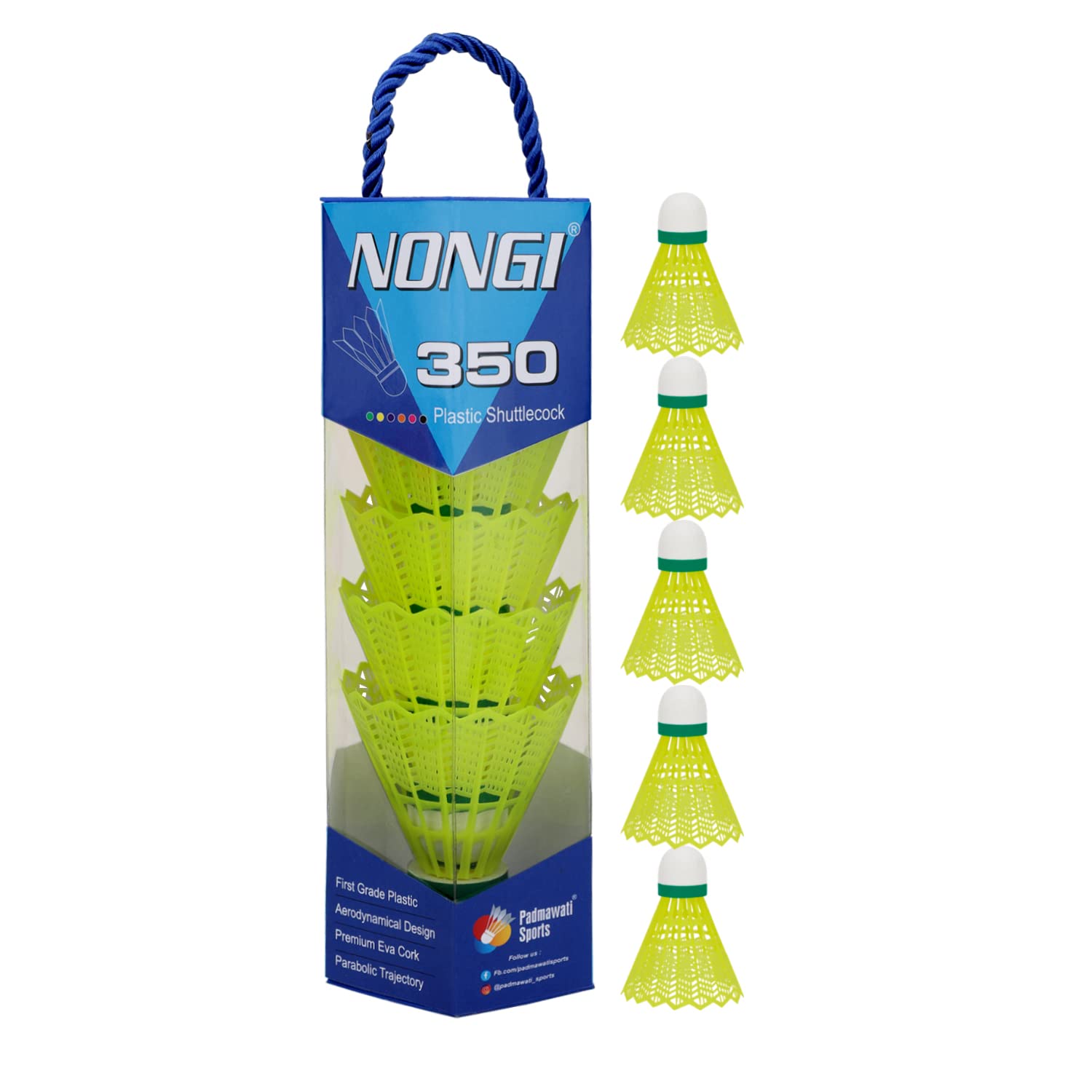 NONGI 350 Plastic Badminton Shuttlecocks for Indoor Outdoor Badminton Sports - Color Yellow - Speed Medium - Pack of 5 Shuttle