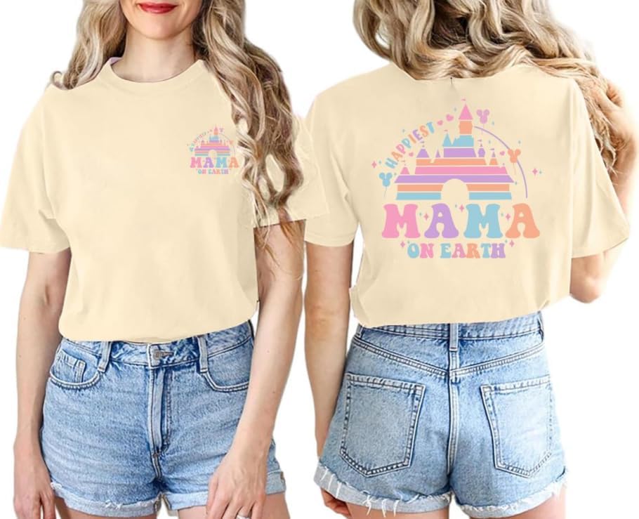 Mom Shirts for Women Happiest Mama On Earth Graphic Tees Funny Mama Shirt Family Holiday Vacation Tops