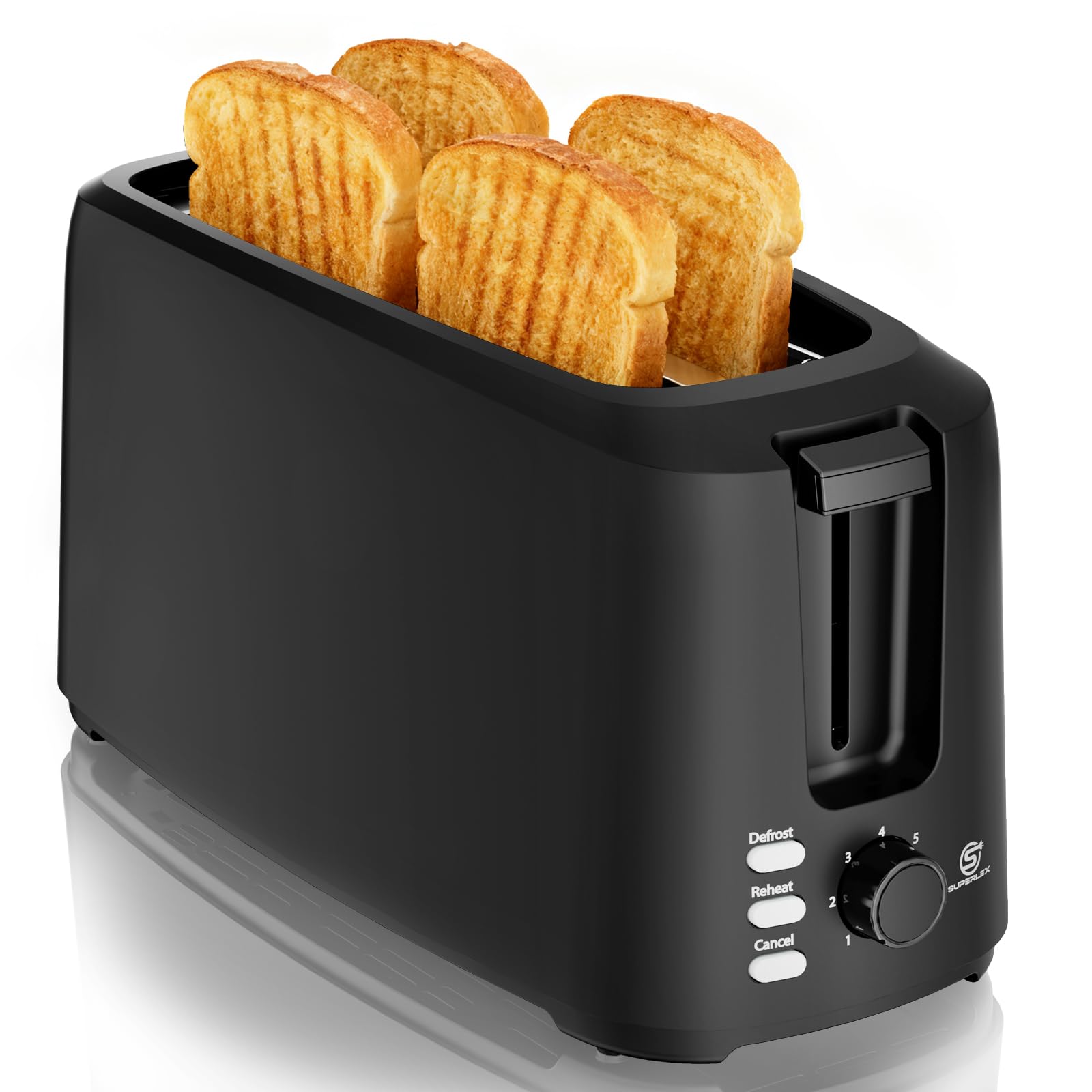 SUPERLEX 4 Slice Long Slot Toaster 1450W Extra Wide Toaster with 7 Browning Settings, Reheat, Defrost & Cancel Functions, Removable Crumb Tray for Artisan Bread, Baguettes & Thick Slices, Matt Black