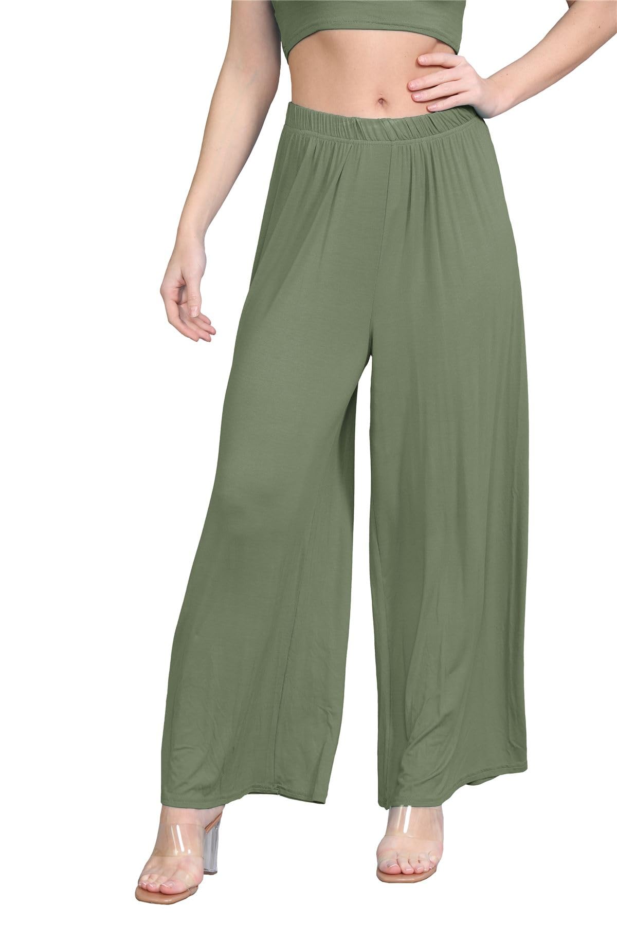 Hamishkane Women's Khaki Hamishkane® Plain Flared Palazzo Elasticated Waist Wide Leg Yoga Pants For Uk Elegant Palazzo Trousers For Uk - Ideal Summer Trousers