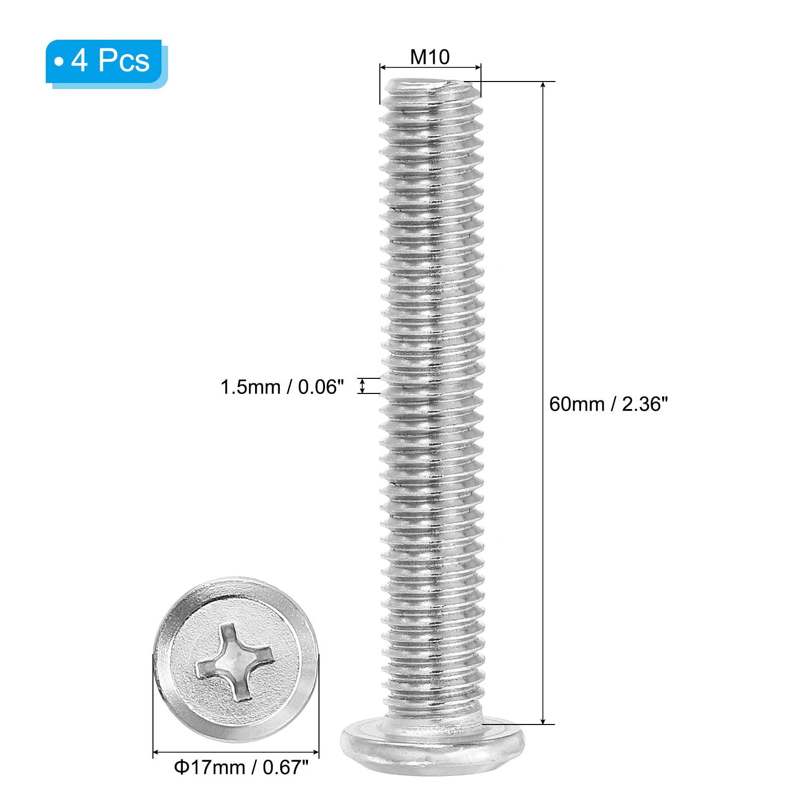 PATIKIL Flat Round Head Phillips Screws, 4 Pack M10-1.5 x 60mm Binding Screws 304 Stainless Steel 18-8 Full Thread - Image 2