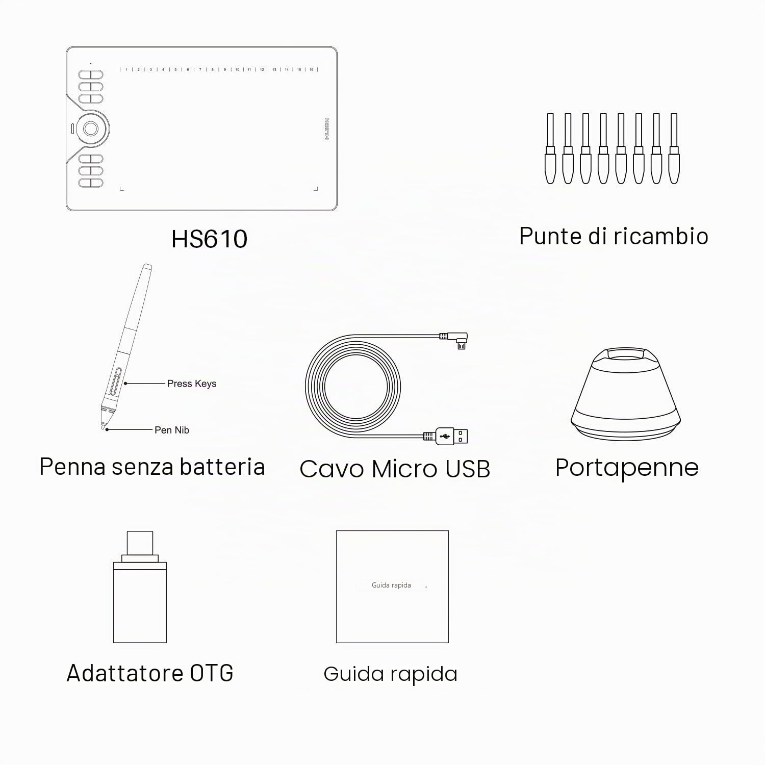 Tavoletta grafica Drawing HUION HS610 potenziata Funzione inclinazione Stilo senza batteria con 1 Touch Screen per telefono Touchscreen per Android 6.0 supportato
