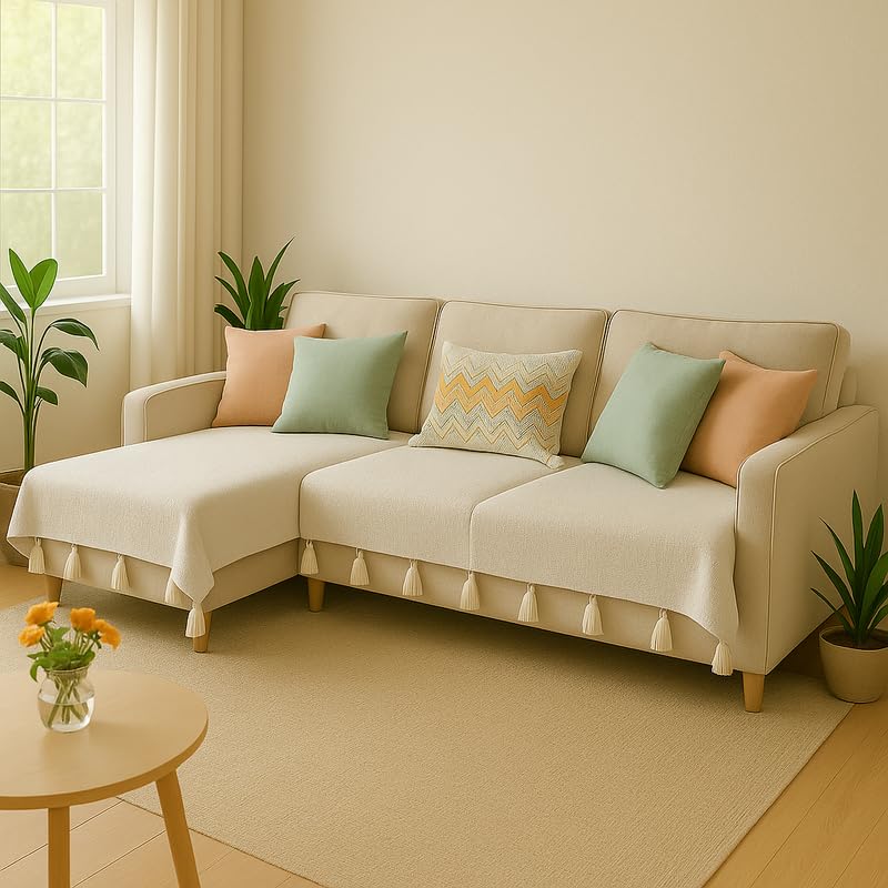 Cream Tassel Sofa Throw for L Shaped Sofa:7 Seater Fully CoveCream Seat-3 3 l Sofa Throw-L Shape Sectional 3 Seater + Lounger +Ottoman|7 Seater Sofa Cover Set 4 Pc-2 Seat & 2 Arm Rest Covers-image-42