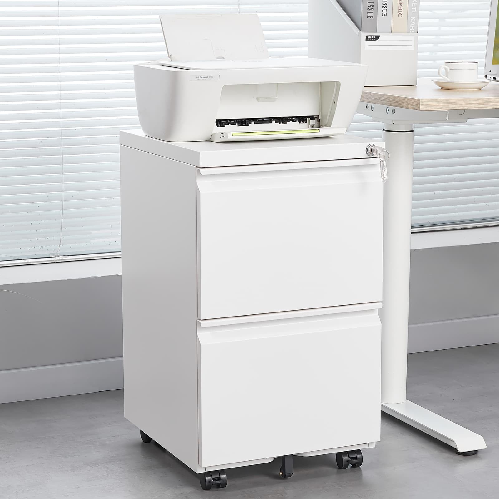 PUGSDRLY Armoire Bureau avec 2 Tiroirs pour Dossiers légaux/Lettres/A4,Caisson Bureau Mobiles avec Rangement,Armoire Metallique,Classeur Polyvalent,Design 5 Roues Anti-basculement (Blanc-C)