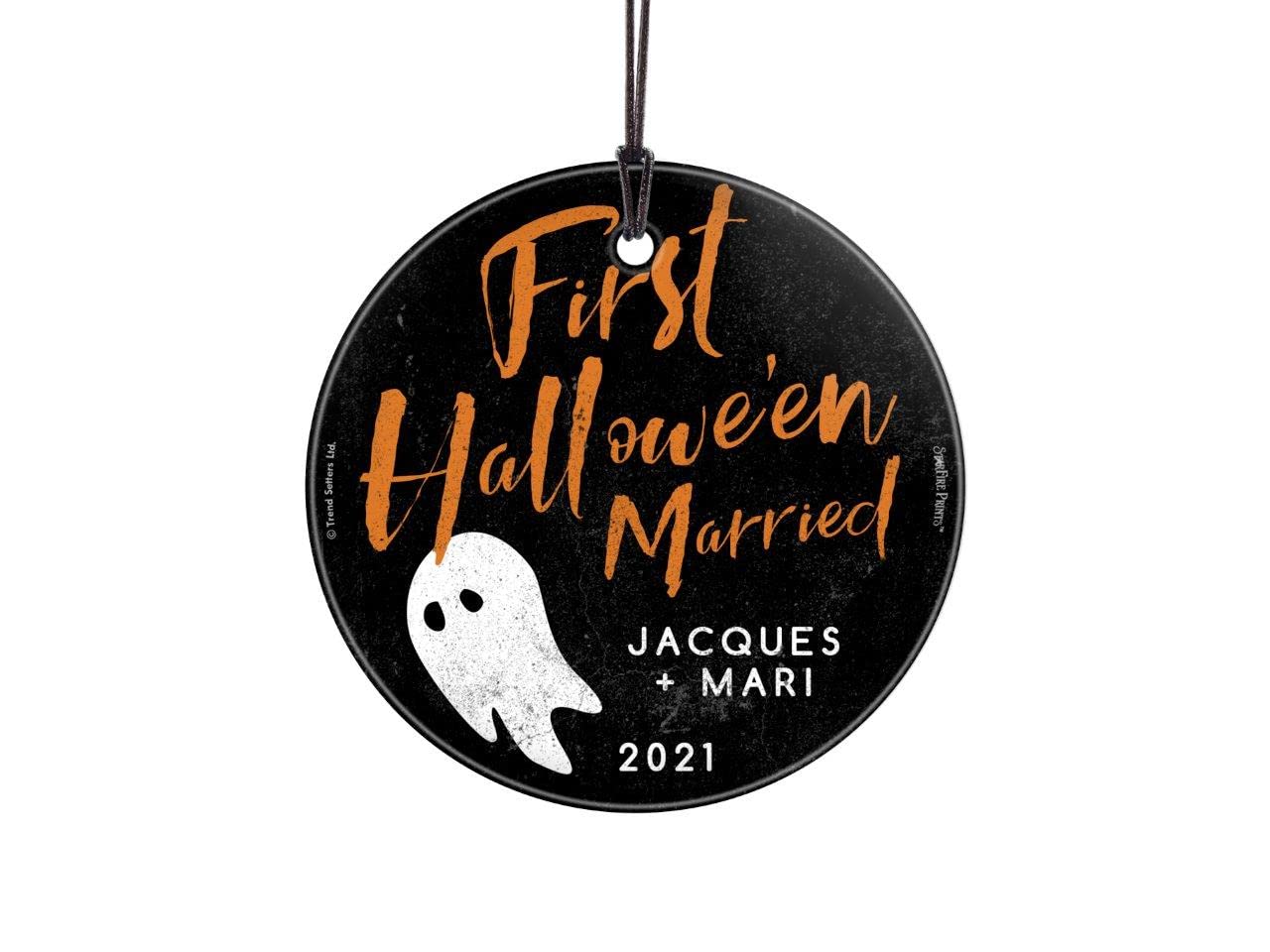First Halloween Married – Cute Ghost – Personalize with Names and Date - 3.5” Starfire Prints Hanging Glass Accessory - Home Decor Ideal for Gifting