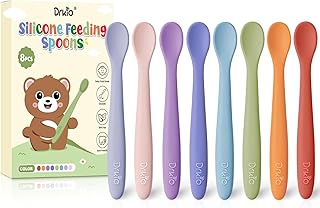 DRKIO 8-Piece Silicone Baby Spoons - Infant Spoons First Stage Self Feeding Baby Led Weaning Supplies Toddler Training Utensils Soft Chewable-Tip Bendable BPA-Free Dishwasher Safe Boil-proof