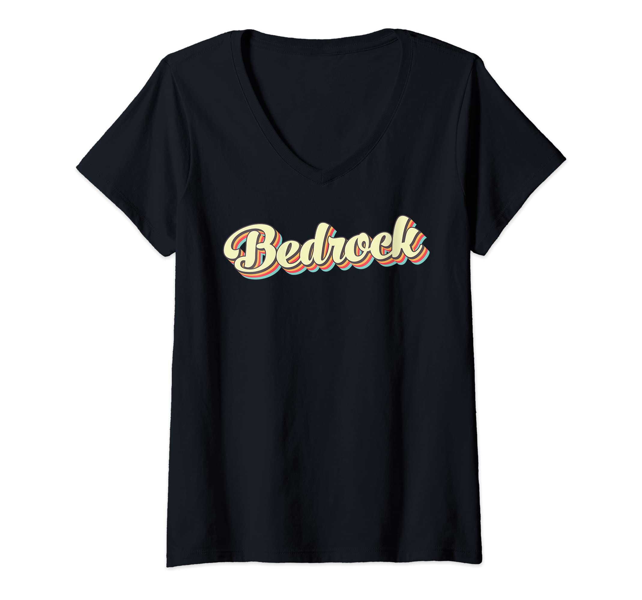 Bedrock Retro Vintage Style T-ShirtsWomens Bedrock TShirt Retro Art Baseball Font Vintage V-Neck T-Shirt