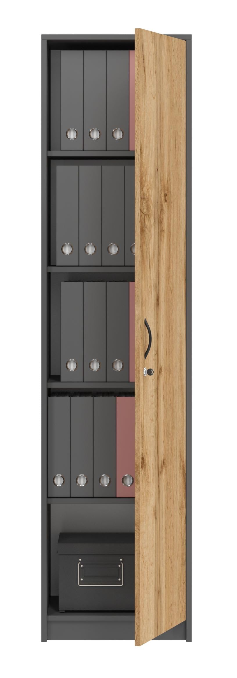 Armoire de Bureau avec Serrure - Meuble de Rangement avec 1 Porte et 5 Compartiments - Armoire Universelle pour Bureau et Maison - 180 x 44,5 x 35 cm - Graphite/chêne Wotan