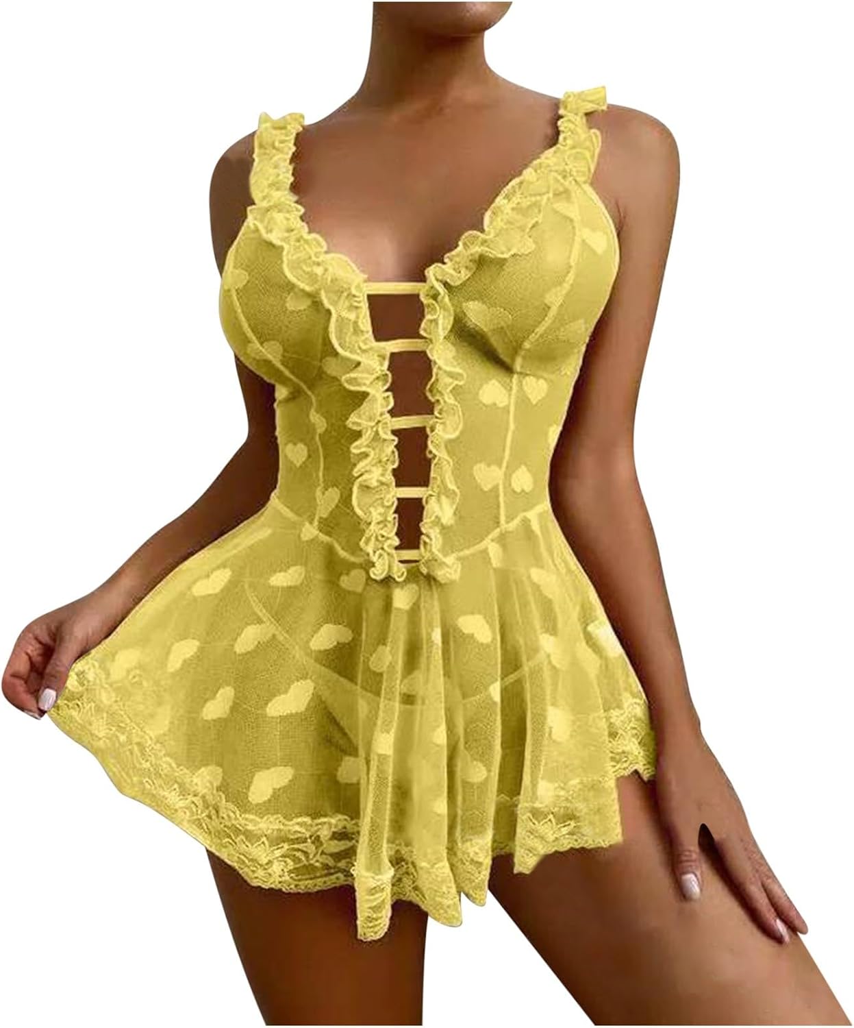 Women's Sexy Teddy Babydoll Lingerie Sets Lace Sling Nightdress Chemise and Thongs Briefs Underwear Sleepwear