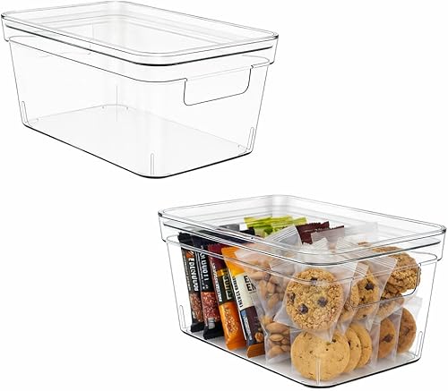 MOONEDGE Clear Plastic Storage Bins with Lids and Handles – Stackable Organizer Containers for Fridge, Kitchen, Pantry, Bathroom, Closet, Laundry