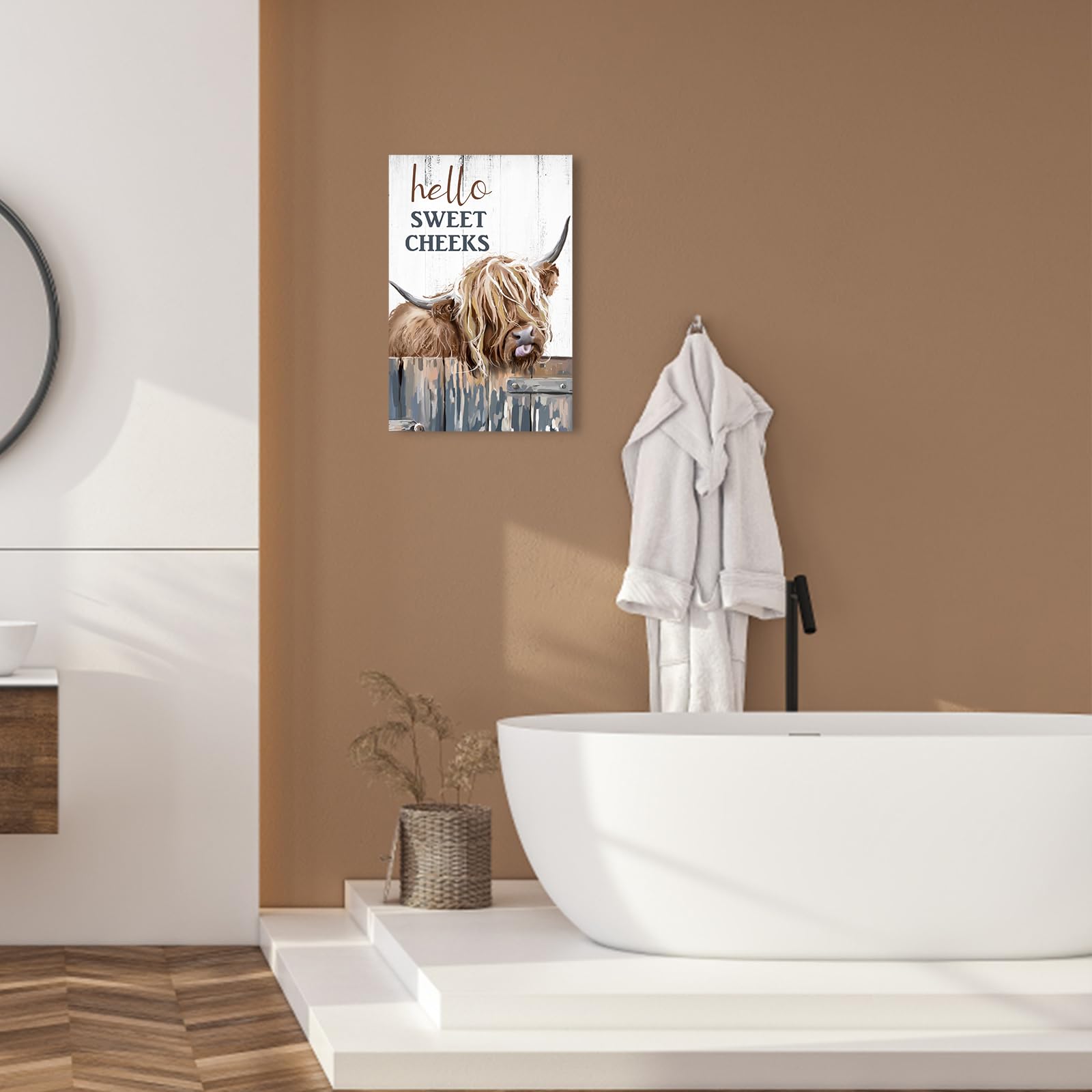 Targa in metallo vintage con mucca grigia delle Highland mucca animale per casa, bagno e WC, decorazione da parete 30,5 x 20,3 cm
