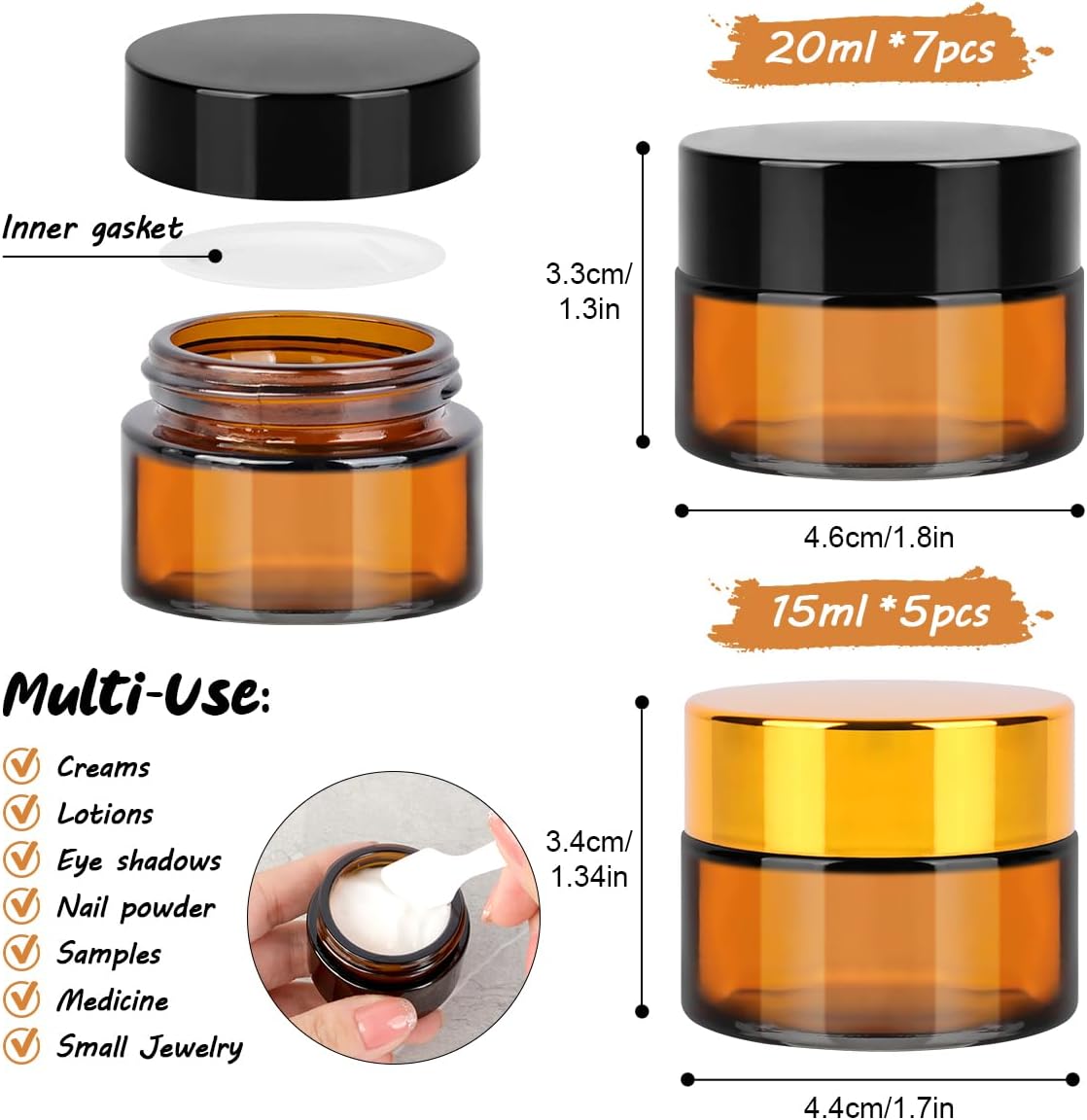 BELICOO Confezione da 12 barattoli vuoti in vetro ambrato, 15 ml/20 ml, contenitori vuoti per cosmetici per cipria, creme, lozioni e cosmetici - Immagine 2