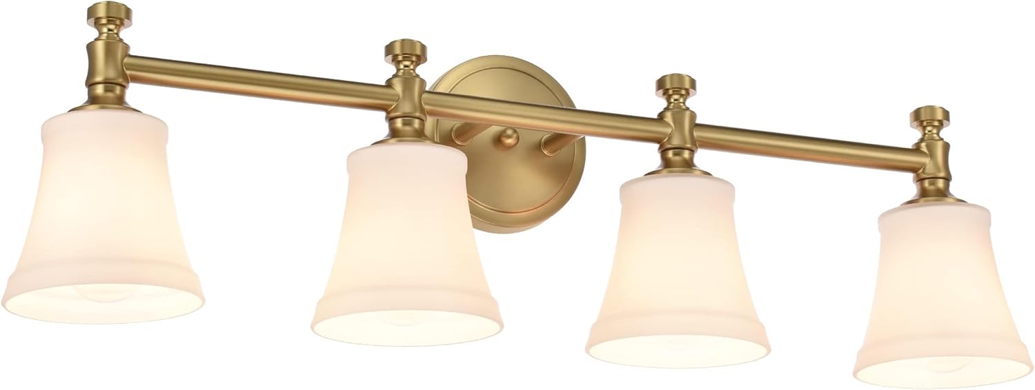 Bathroom Vanity Light Fixtures, Traditional Aged Brass 4 Lights Wall Sconce Lighting with Opal Glass Shade, Porch Wall Mount Light Fixture for Bathroom, Mirror Cabinets Hallway Stairs Aged Brass 4-Light