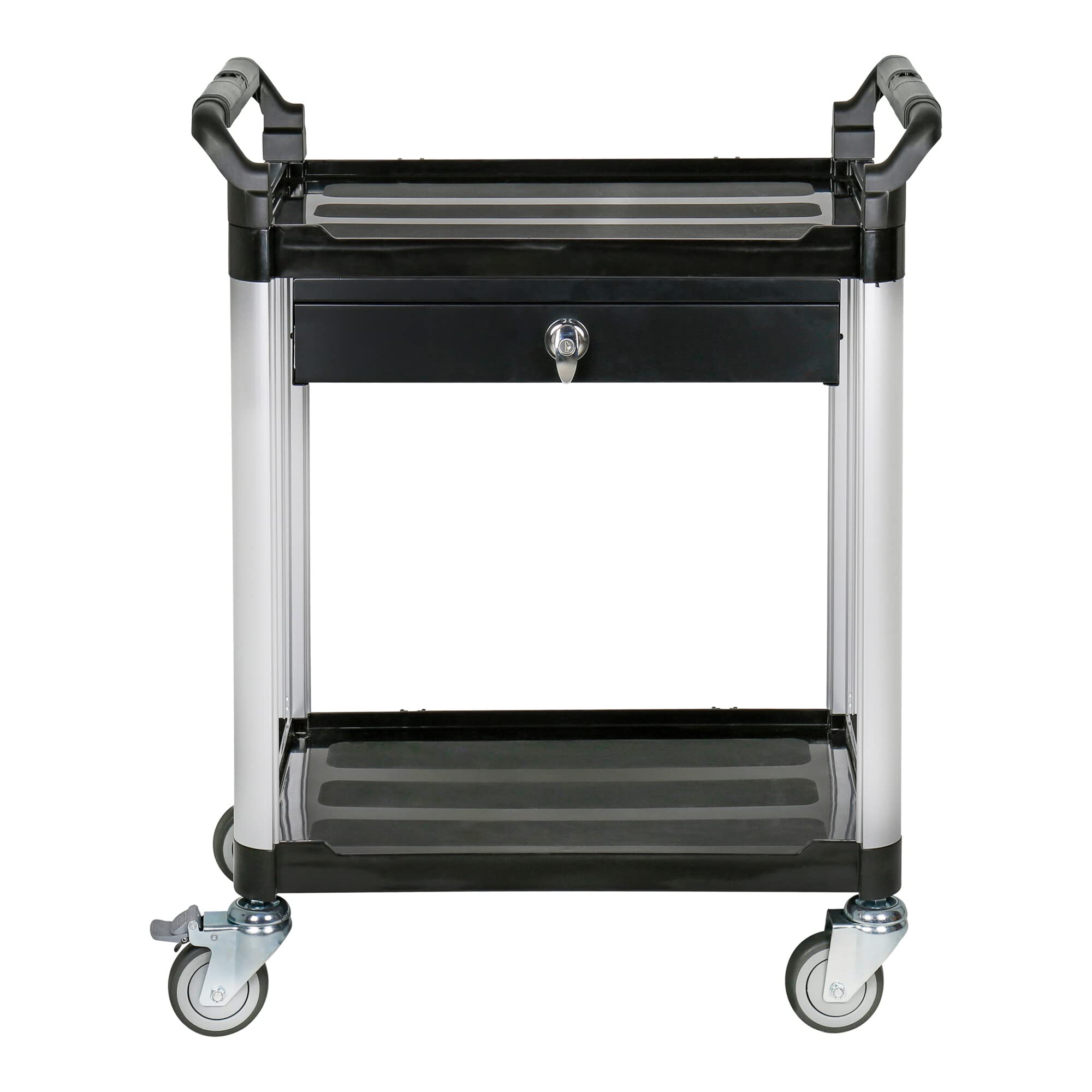 STIER Servierwagen, mit 2 Etagen und Schublade, LxBxH 750x460x980 mm, Tragfähigkeit 150 kg, 4 Lenkrollen, 2 Davon feststellbar, Etagenwagen, Schiebewagen, schwarz