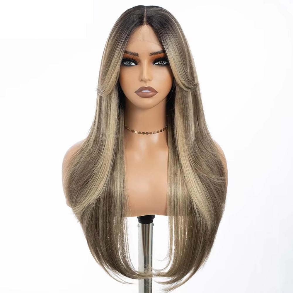 Haarpflege 26 Zoll Lange Gerade Spitze-Front-Perücke Mit Pony-Haar Ombre Schwarz Blonde Highlight Cosplay-Perücken Für Frauen(5)