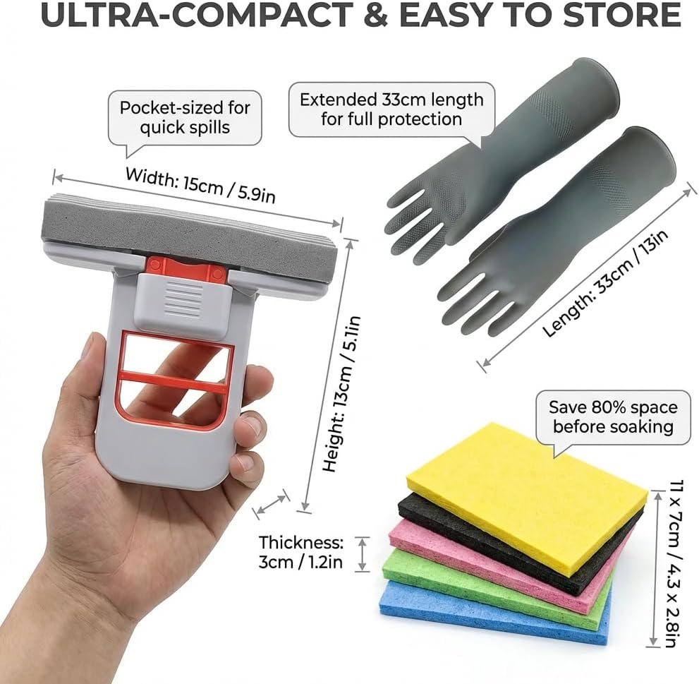 Mini Mop Self Squeeze Small Sponge Mop | 15cm Sponge Portable Mini Mop for Kitchen Counter and Car Interior with Extended 33cm Gloves 3 Sponges 5 Compressed Cloths