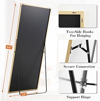 DUMOS Full Length Mirror with Stand, 64"x21" Floor Mirror with Aluminum Alloy Frame for Bedroom, Standing Full Body Mirror with Shatter-proorf Nano Glass for Wall, Living Room, Cloakroom (Gold)