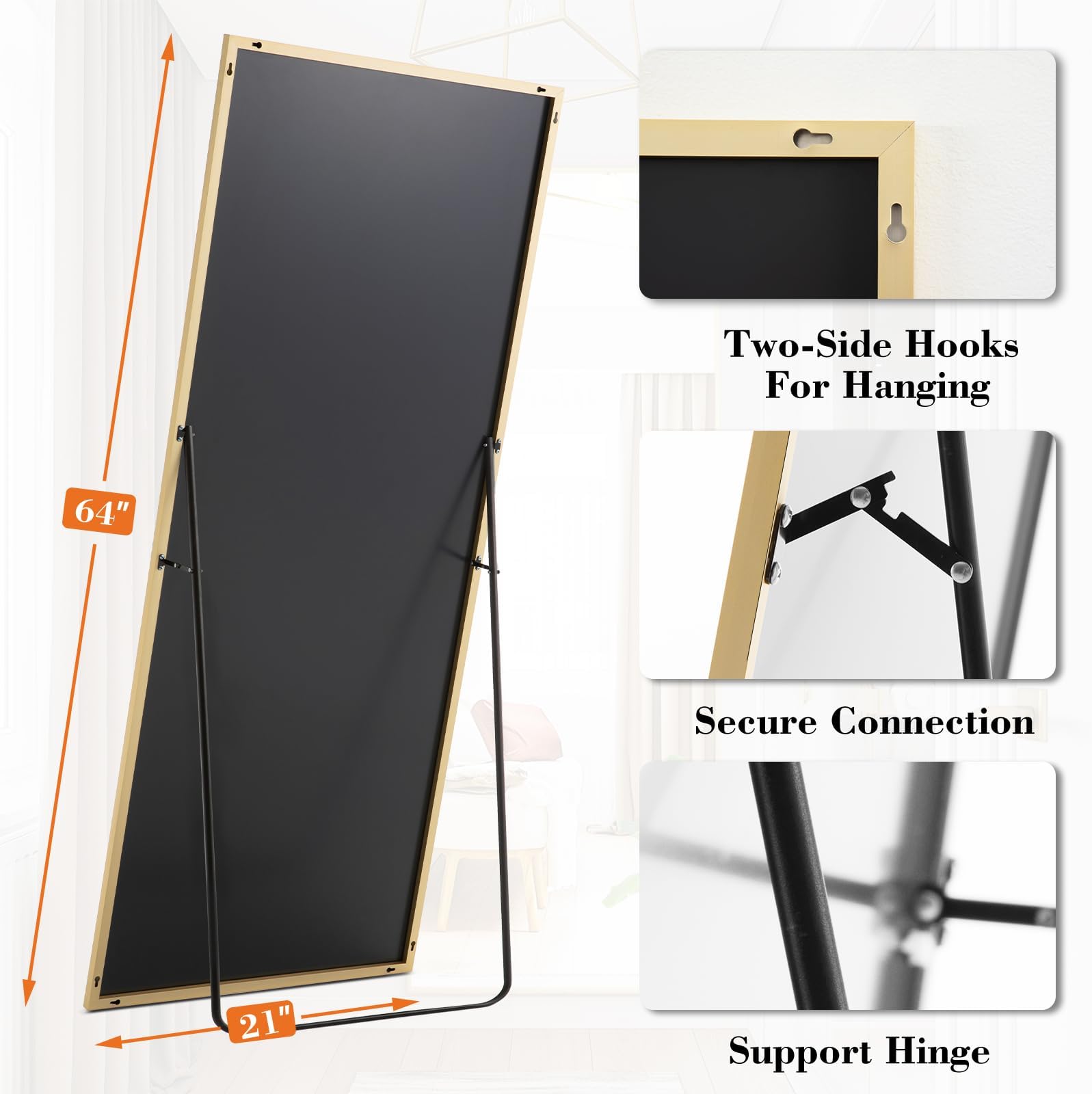DUMOS Full Length Mirror with Stand, 64"x21" Floor Mirror with Aluminum Alloy Frame for Bedroom, Standing Full Body Mirror with Shatter-proorf Nano Glass for Wall, Living Room, Cloakroom (Gold)