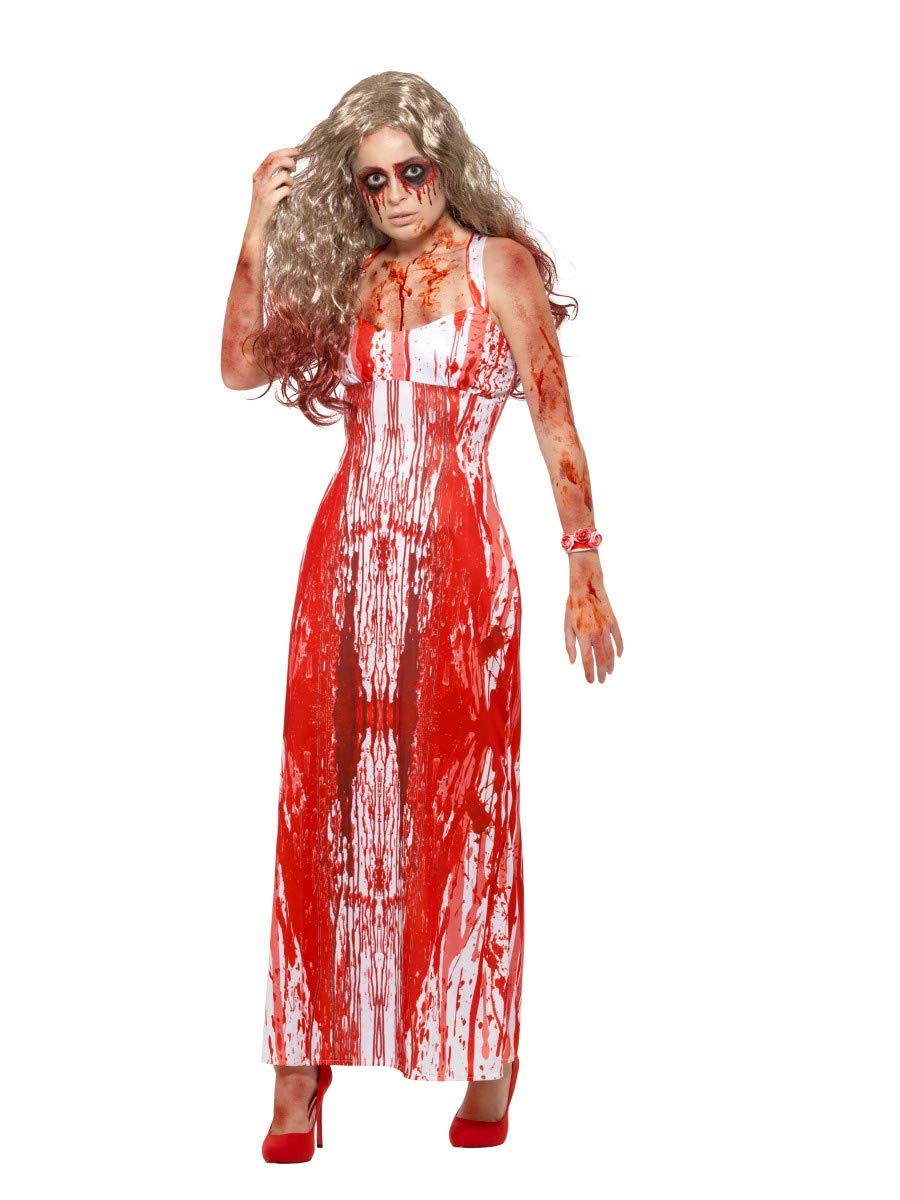Smiffy's Bloody Prom Queen Costume With Dress And Wrist Corsage, White/Red, Small, 47573S