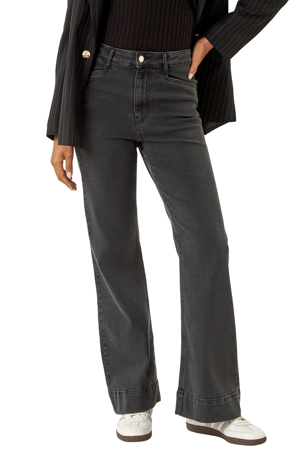 Roman Women's Charcoal Pocket Stretch Flare Jeans In | : Size 16
