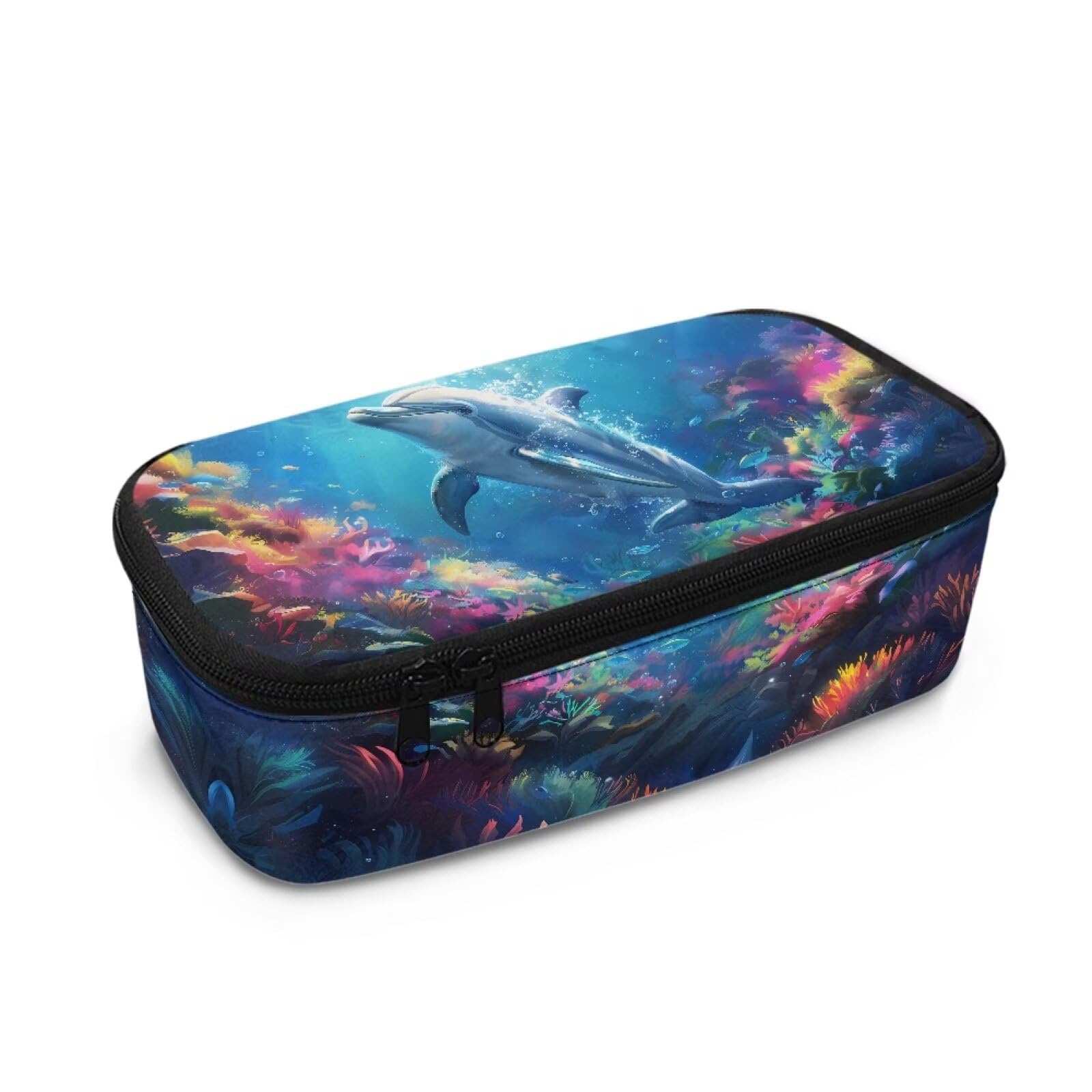 Renewold Dolphin Pencil Case Large Capacity Pencil Pouch with Compartments Portable Handle Wide Opening Bag Stationery Bag for Teens Elementary Middle School