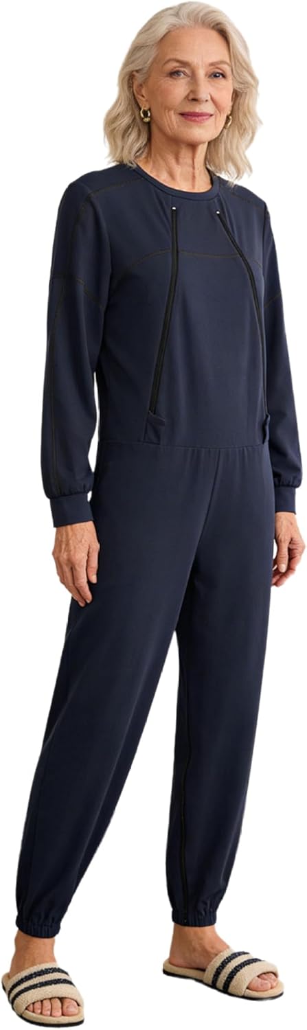 Womens Elderly Alzheimer Adaptive Jumpsuit Zipper Legs Long Sleeve Anti-strip Rompers for Special Needs Caring Navy Blue X-Large
