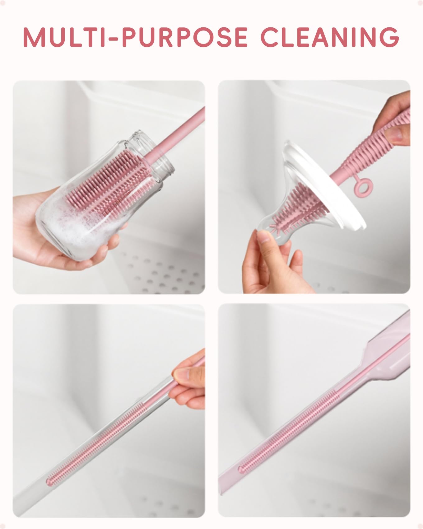 Flaschenbürste und Strohhalm-Reiniger-Bürsten-Set, extra langer doppelseitiger weicher Silikonbürstenreiniger für Babyflaschen, Wasserflaschen, Tassen, Milchpumpen, abnehmbar & zum Aufhängen