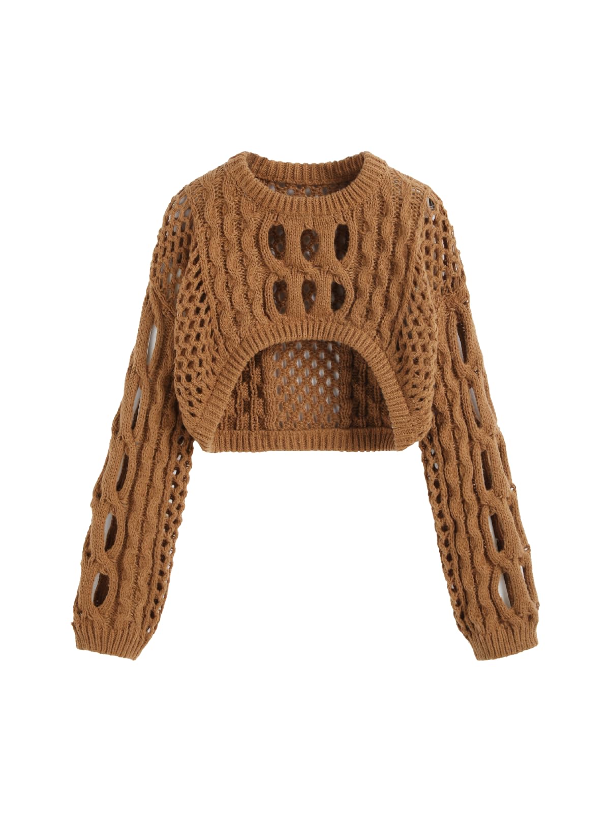 CIDER Cropped Sweaters for Women Knit Round Neckline Hollow Out Long Sleeve Crop Top Sweaters