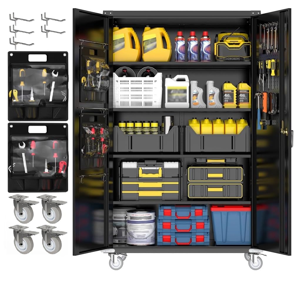 Yeeoy Wide & Deep Metal Garage Storage Cabinet with Pegboard & Adjustable Shelves, Lockable Storage Cabinet with Wheels, Tool Organization Cabinets