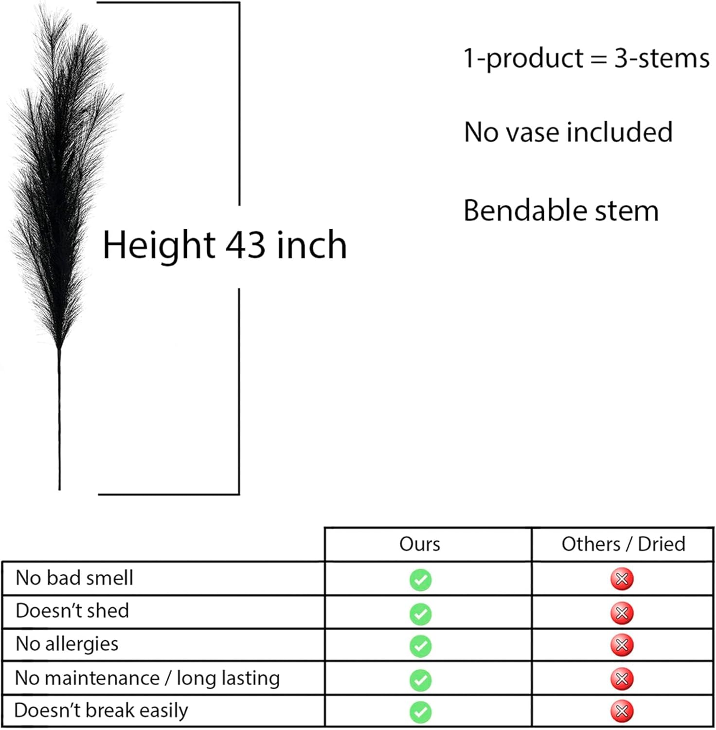 43'' Black Pampas Grass Decor Tall 3-pcs, Black Living Room Decor, Tall Pampas Grass for Floor Vase, Artificial Pampas Grass Tall, Black Room Decor