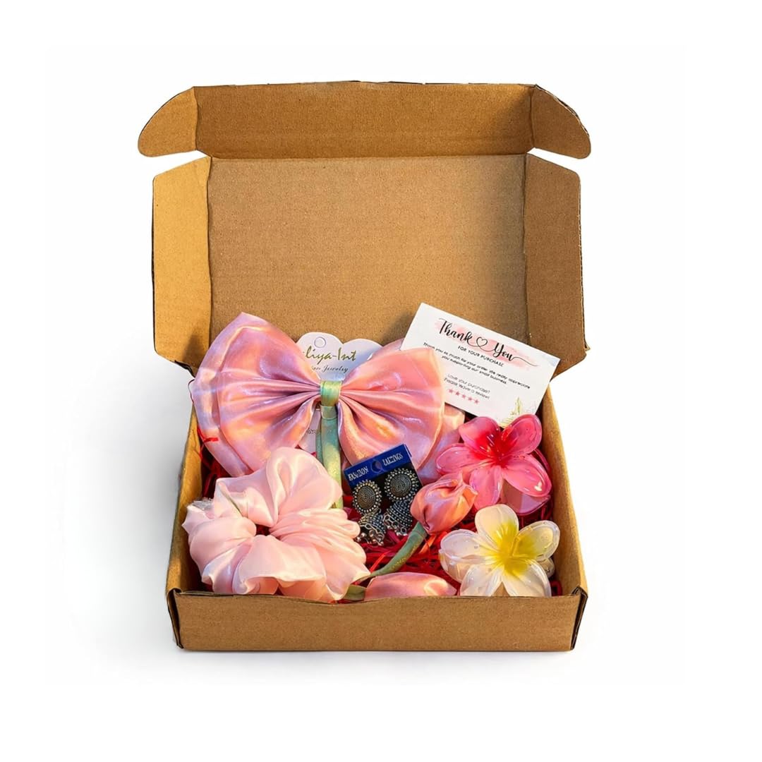 Women's Gift Hamper for Girls & Women with Tulip Hair Bow, Scrunchie, 2 Flower Claw Clips & Jhumki Earrings | Birthday Gift Box for Girlfriend, Sister, Wife, Best Friend-image-14