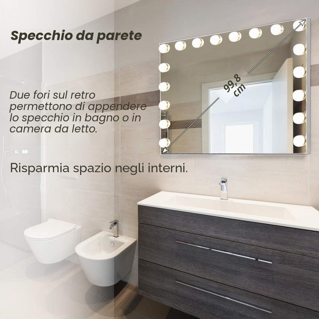 Hansong Hollywood - Specchio da 80 x 60 cm, con illuminazione e Bluetooth, 18 luci LED, 3 modalità a colori, specchio dimmerabile