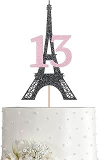 Paris 13th Birthday Cake Topper Black Pink Glitter Girl 13 Years Birthday Party Decoration, Supplies