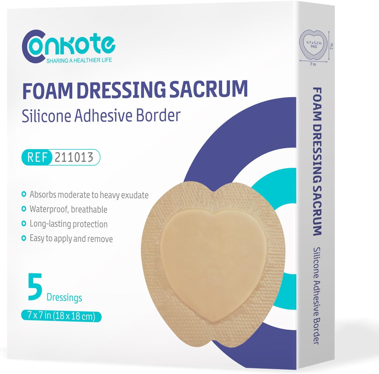Conkote Sacral Silicone Foam Dressing 7‘’x 7‘’, Bed Sore Treatment Bandage for Sacrum, Box of 5 Dressings