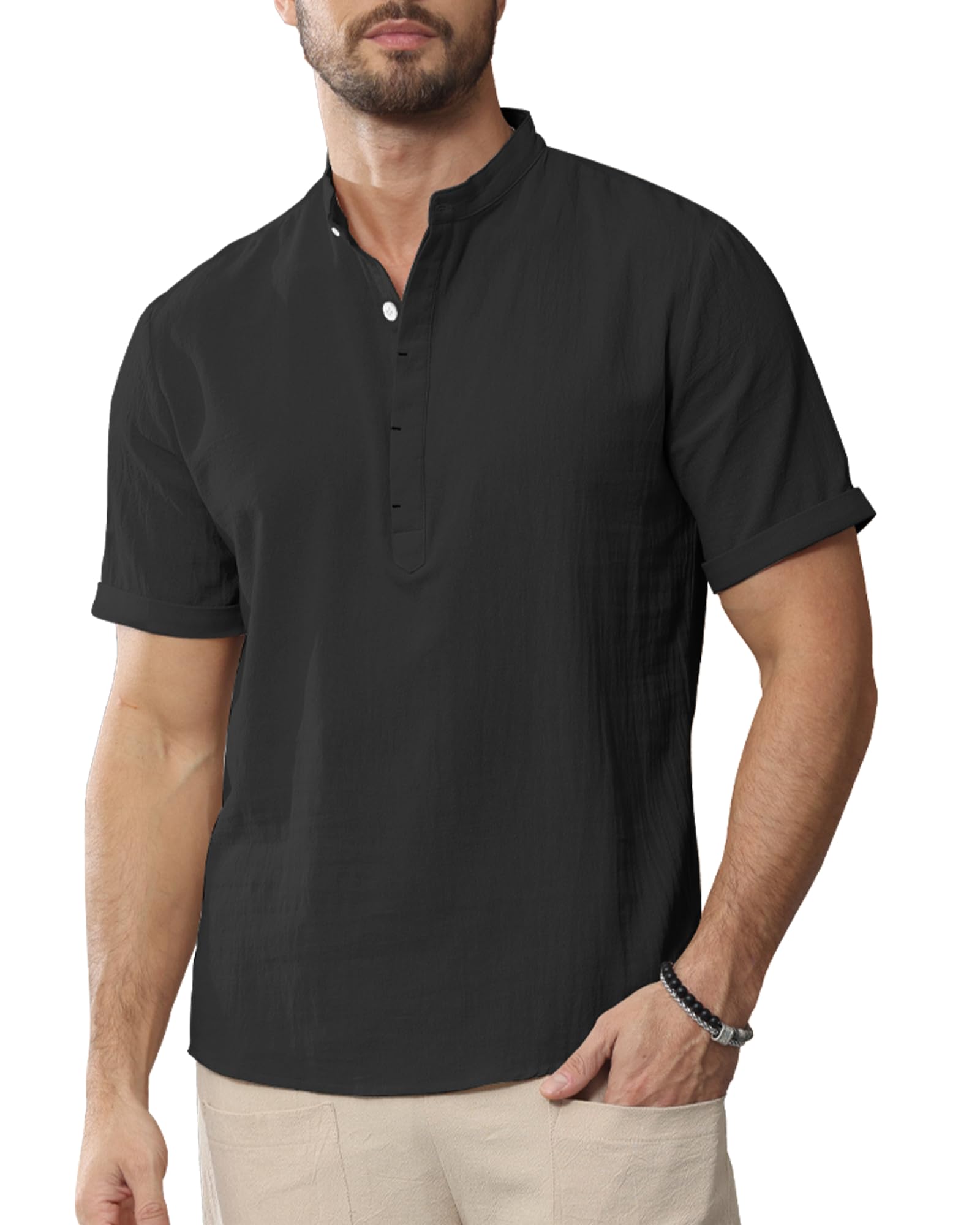 YAOHUOLE Camisa de cuello Mao para hombre, manga corta, para hombre, camisa de lino
