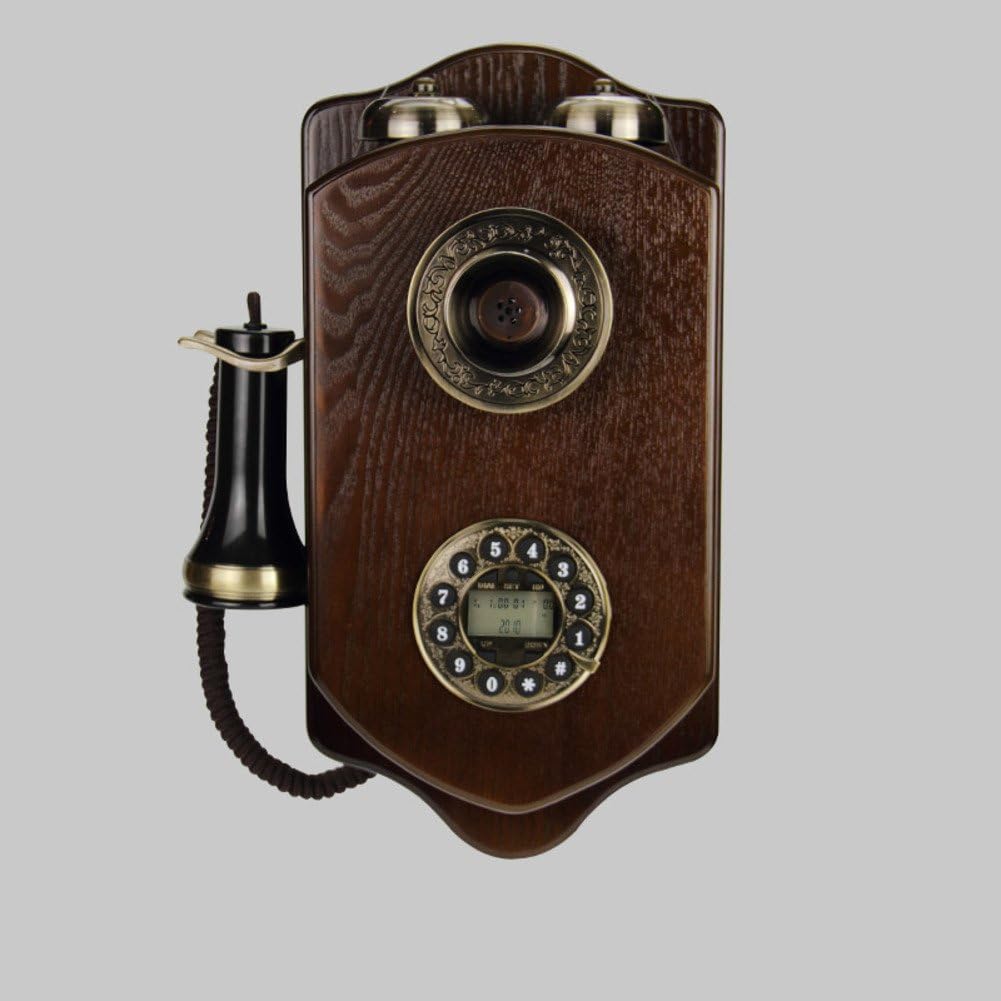 Wooden Wall-Mounted Antique Cable landline Telephone,Creative European-Style Old Rotary Fixed Telephone Retro for Home Hotel -A 38x19cm(15x7inch)