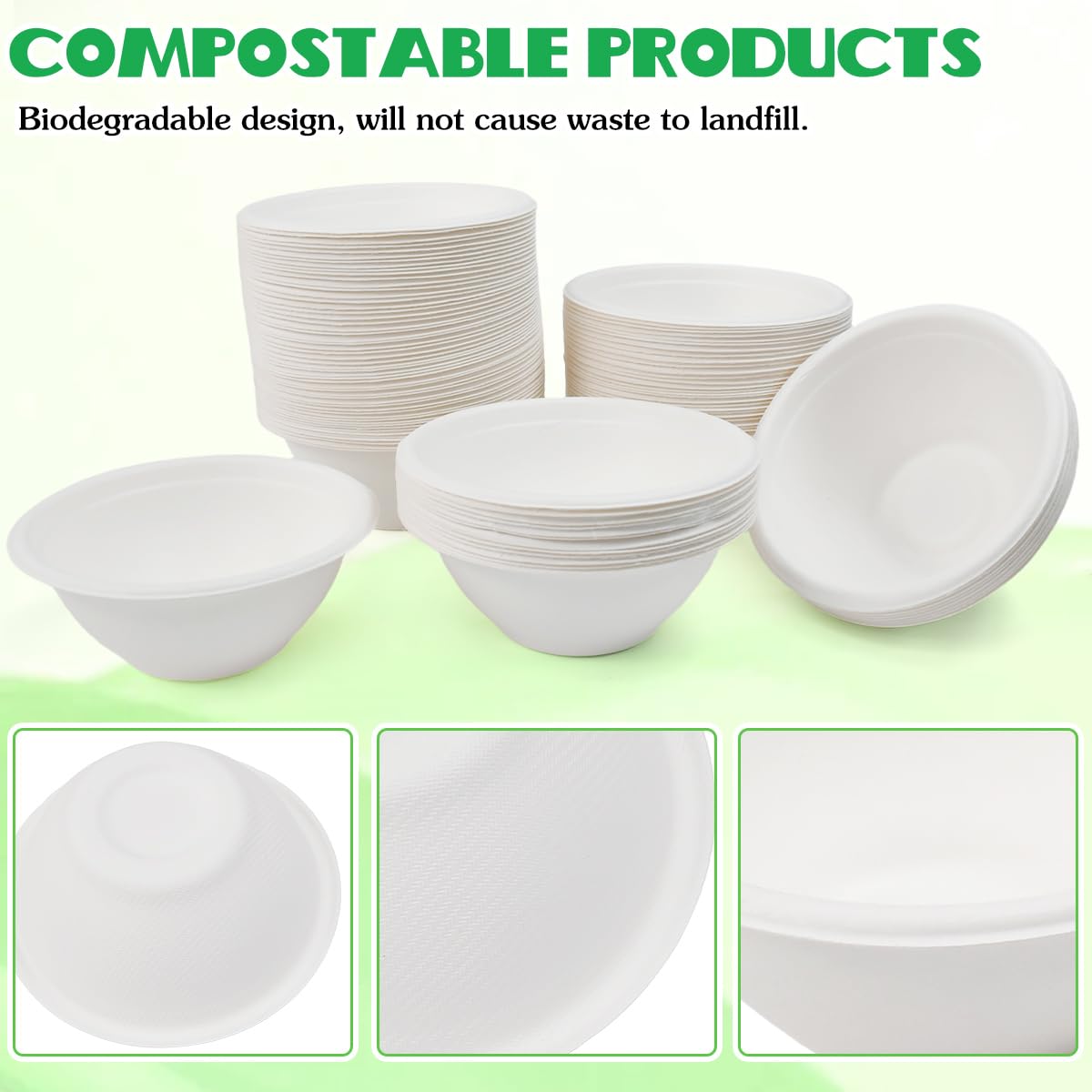 Kleemeiero 100 Pezzi Ciotole di Carta Bagasse di Canna da Zucchero 260ML Ciotola per Zuppa Biologica Rotonda Bianca Biodegradabili e Compostabili Piatti Carta per Picnic Barbecue Feste