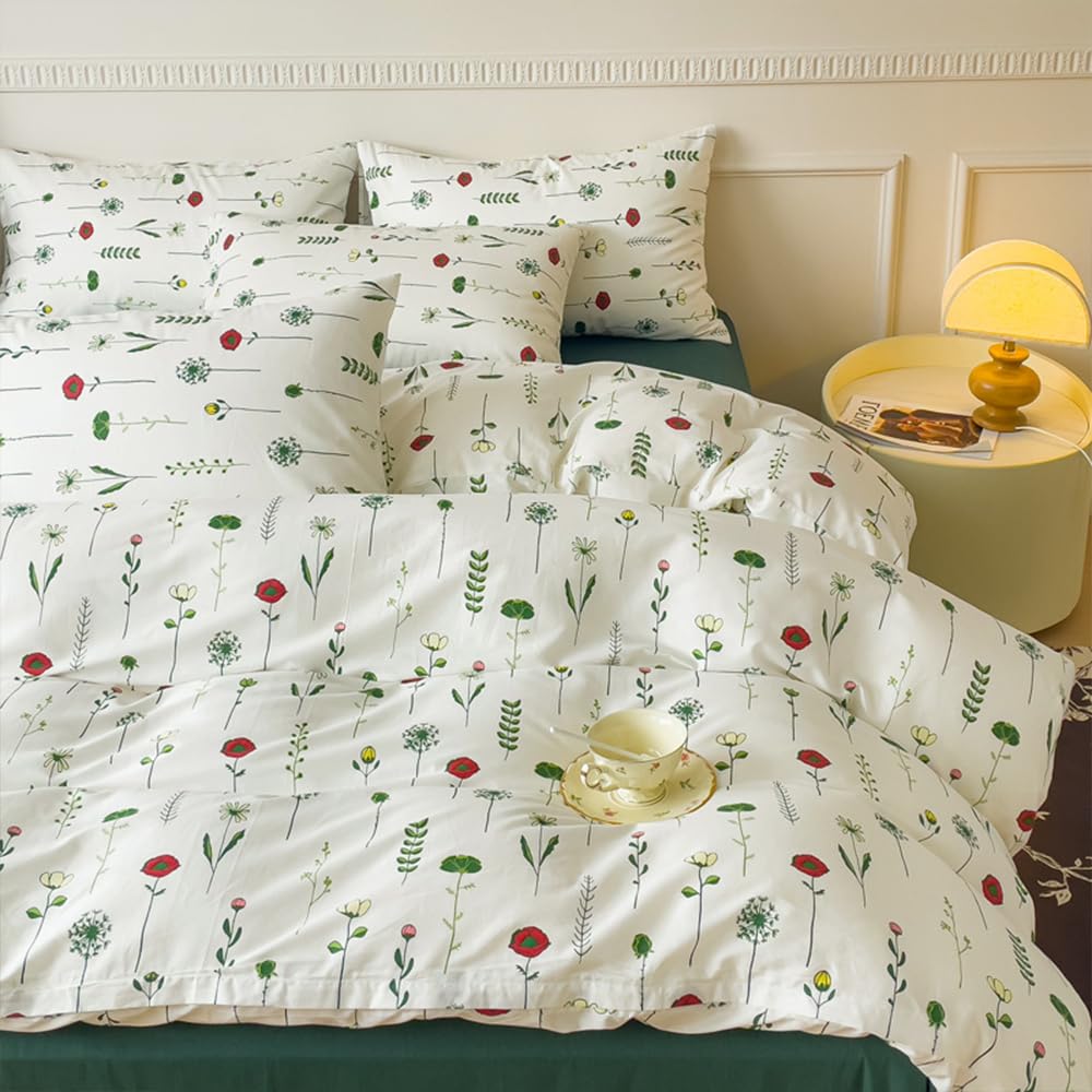 Covebett Cotton King Duvet Cover White Green Floral Leaves Botanical Bedding Set 3 pcs, 1 Aesthetic Flower Leaf Pattern Quilt Cover 220x230 cm Zipper Closure and 2 Pillowcases 50x75 โ image 1